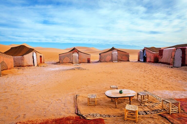 The carpet tents Berber Camp in Erg chigaga, Morocco on a calm day.